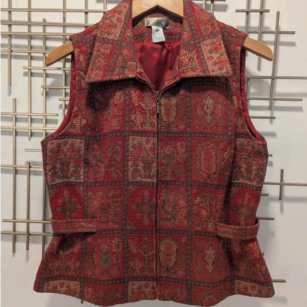 VTG The Territory Ahead Tapestry Vest Womens 10 Red Floral Zip Up Boho Heritage